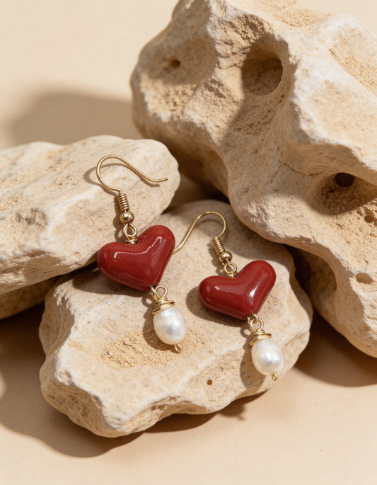 AROS DE CORAZÓN ROJO Y PERLA