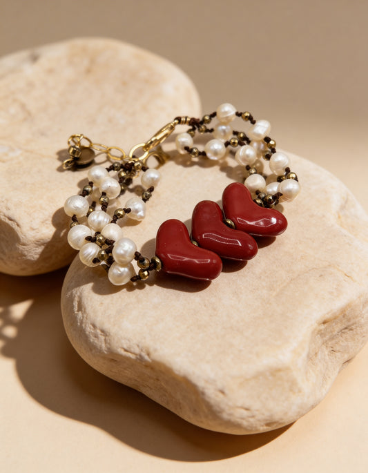 PULSERA PERLAS Y CORAZONES ROJOS