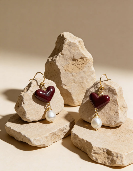 AROS DE CORAZÓN BURDEO Y PERLA